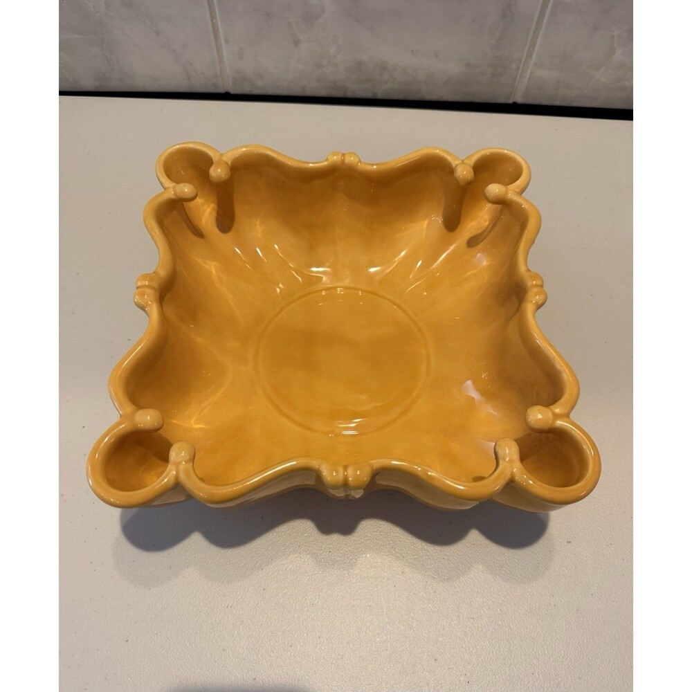 Rare Antheor France Carcassonne Square Scrolled Bowl Yellow MCM Console Dish EUC